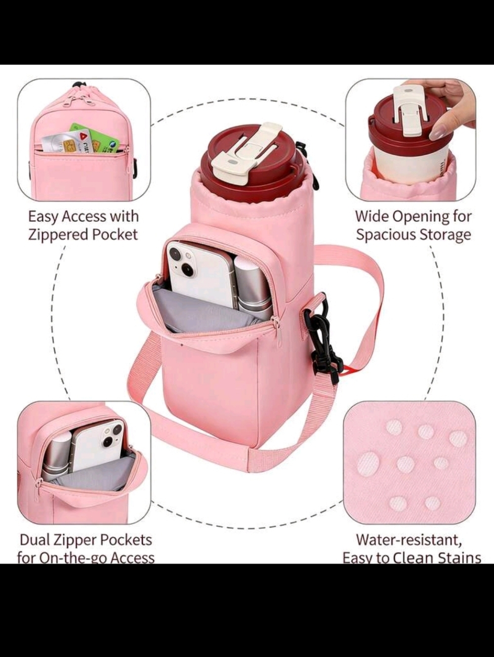 Multi-Pocket Crossbody Water Bottle Sling Bag - Pink - Picture 8 of 8